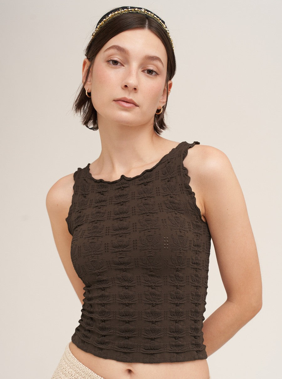 Floral Texture Ruffle Edge Tank Chocolate