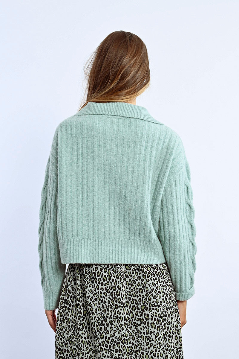 Cable Knit Sleeve Sequin 1/4 Zip Sweater Mint