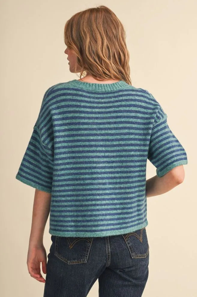 Short Sleeve Stripe Sweater Cardigan Turquoise Blue