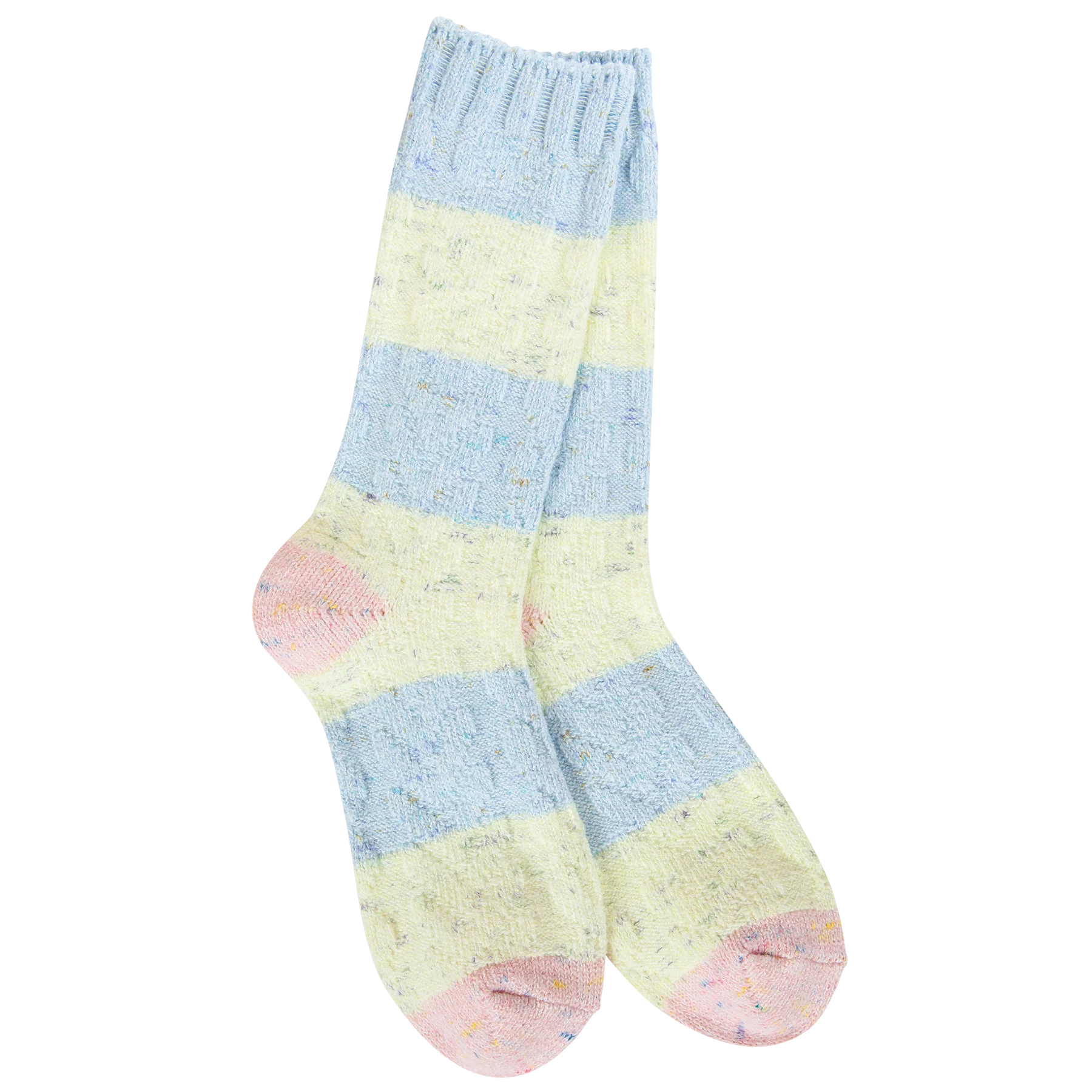 Weekend Light Weight Spring Cable Crew Socks Blue, Yellow + Pink