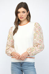 Contrast Botanical Print Buff Sleeve Sweater Top Cream