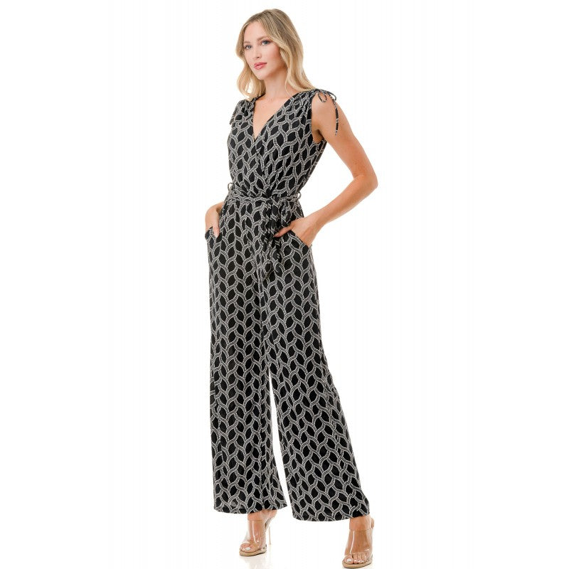 Tie Shoulder Belted Wide Leg Jumpsuit Black White Wave Chain