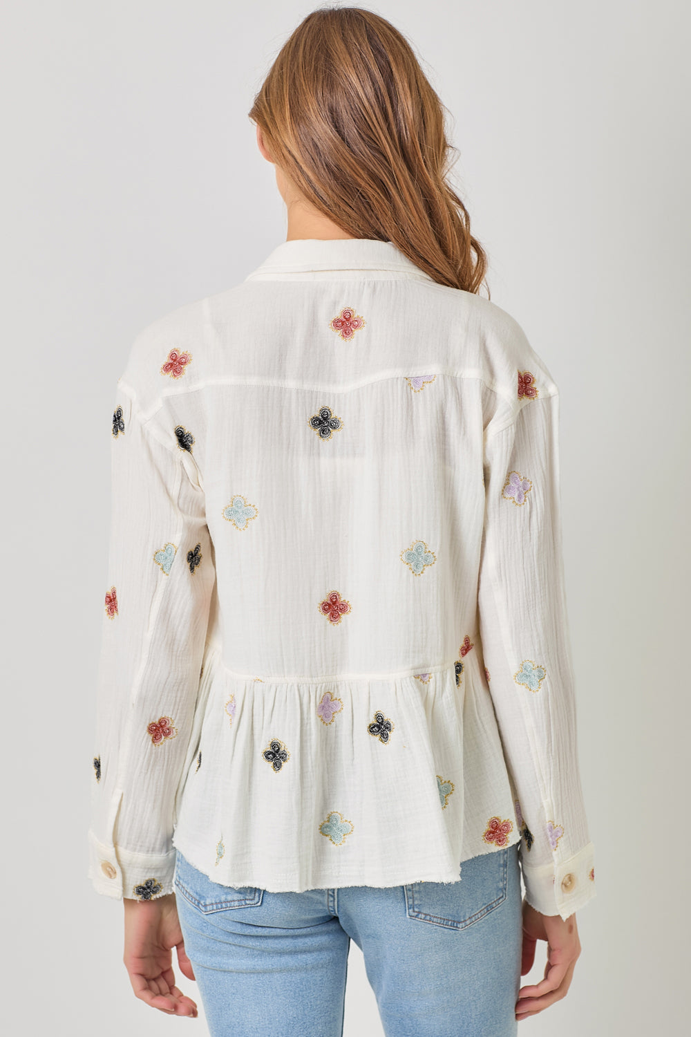 Embroidered Medallions Washed Peplum Jacket Off White