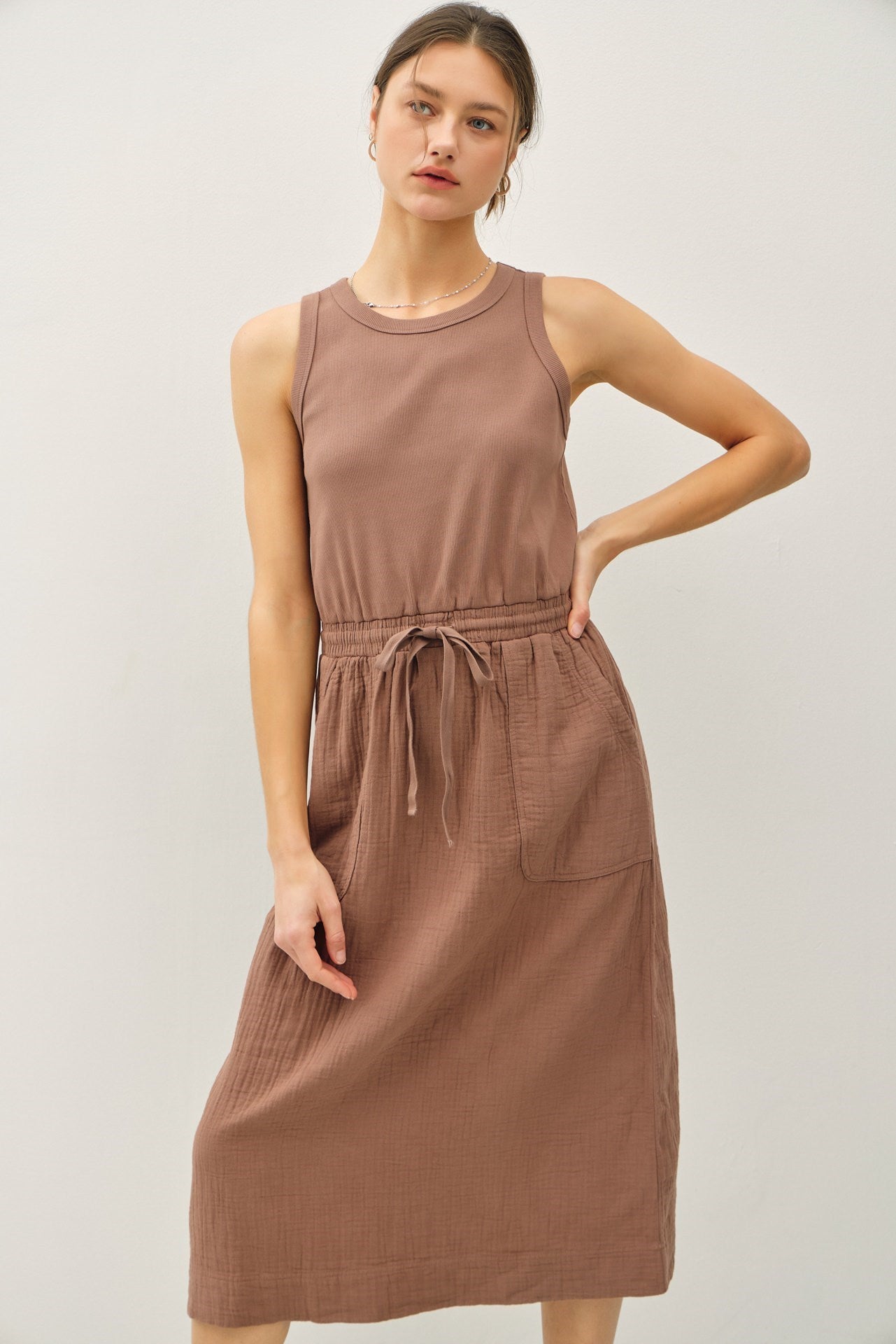 Cotton Tank Gauze Skirt Tie Waist Midi Dress Mocha