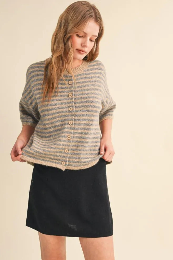 Short Sleeve Stripe Sweater Cardigan Taupe Grey