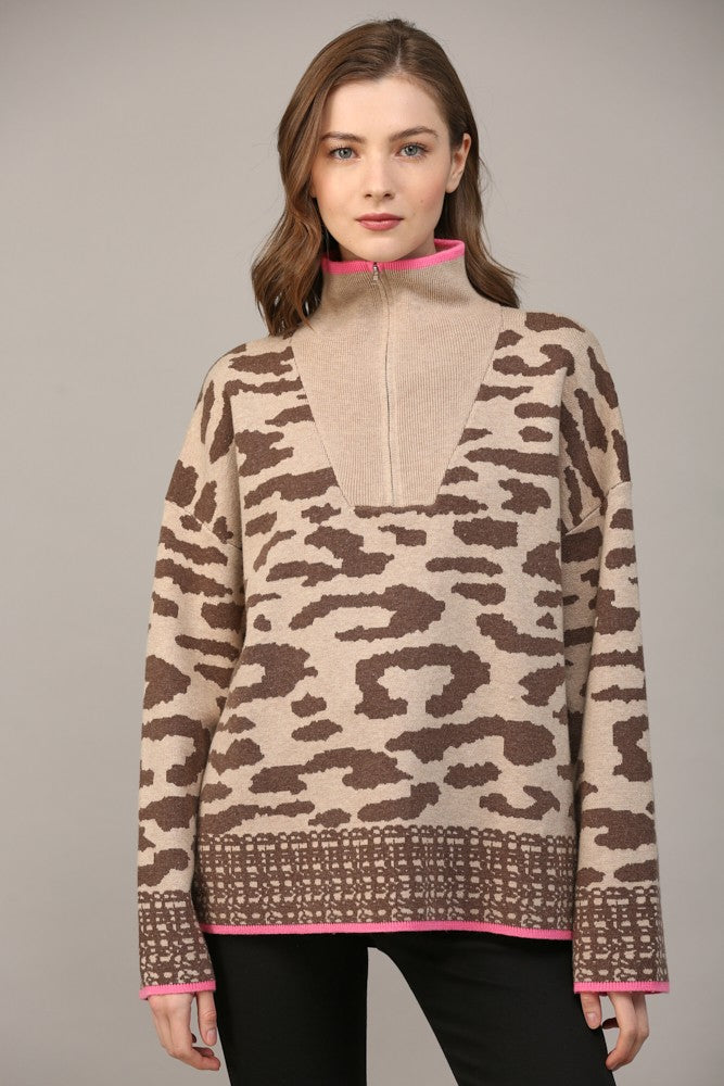 Half Zip Leopard Mix Print Sweater Taupe + Brown