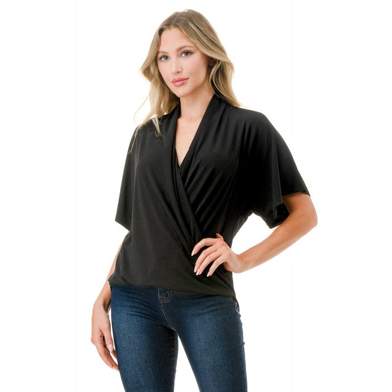 Surplice Flutter Short Sleeve Top Black