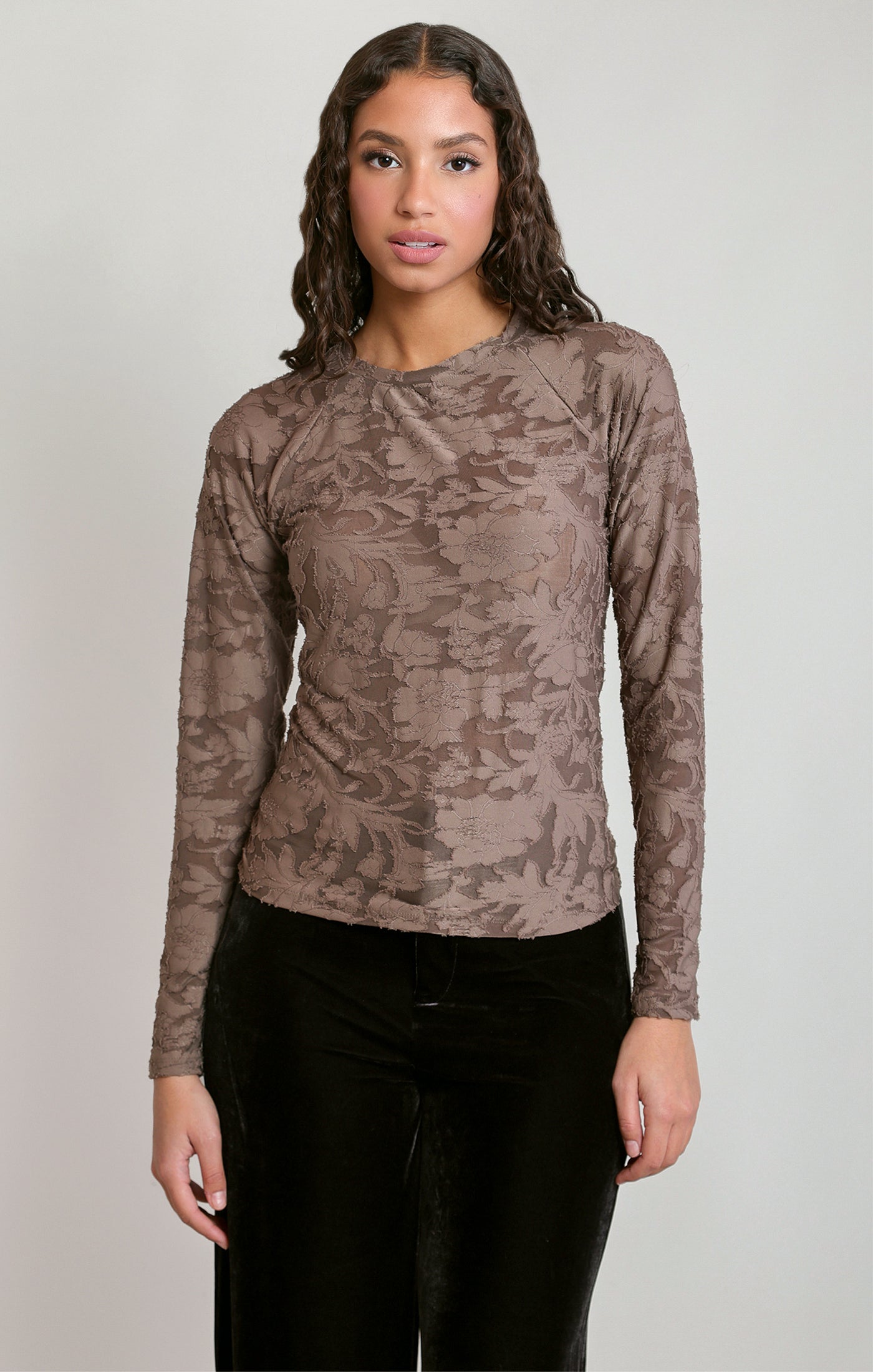 Floral Jacquard Sheer Long Sleeve Top Dark Taupe