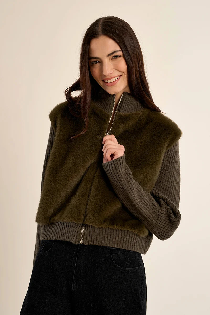Fur Detail Knit Mix Zip Up Jacket