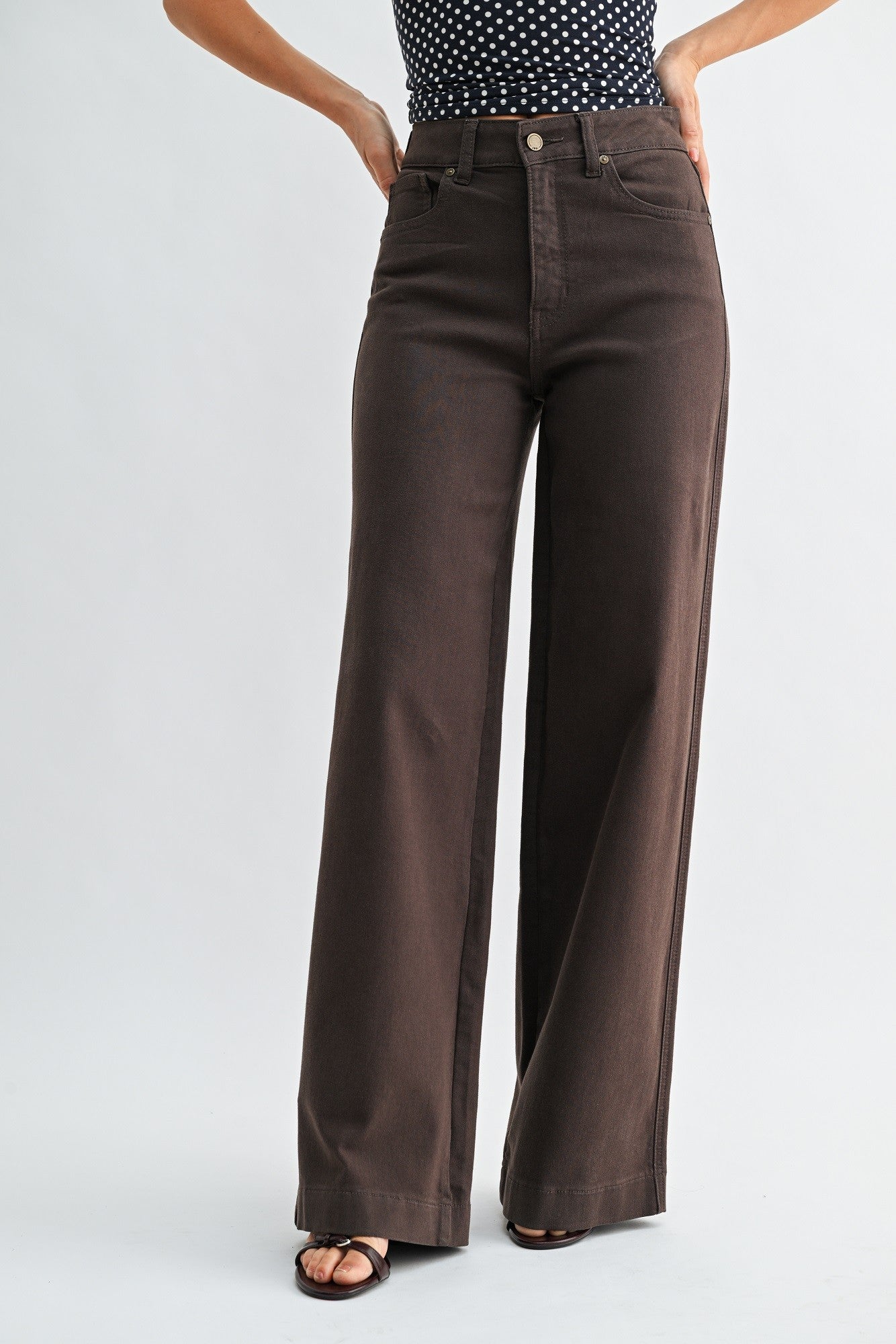 High Rise Full Length Wide Leg Denim Pants Dark Brown