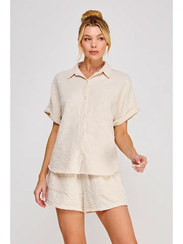 Breezy Jacquard Button Up Short Sleeve Shirt Sand