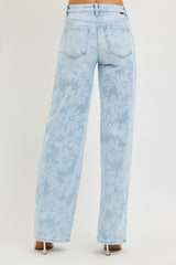 Bleached Daisy Print High Rise Wide Baggy Jeans Light