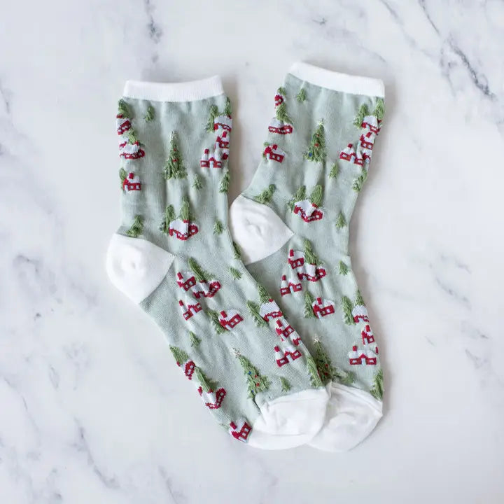 Christmas Village Socks White + Sage