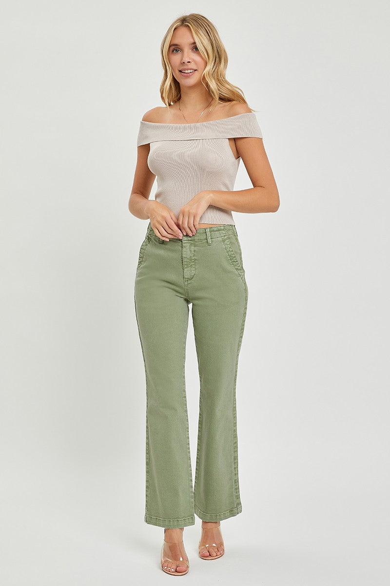 High Rise Side Twill Tape Detail Straight Pants Olive