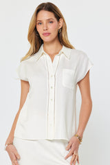 Linen Blend Cap Sleeve Lace Inset Button Up White