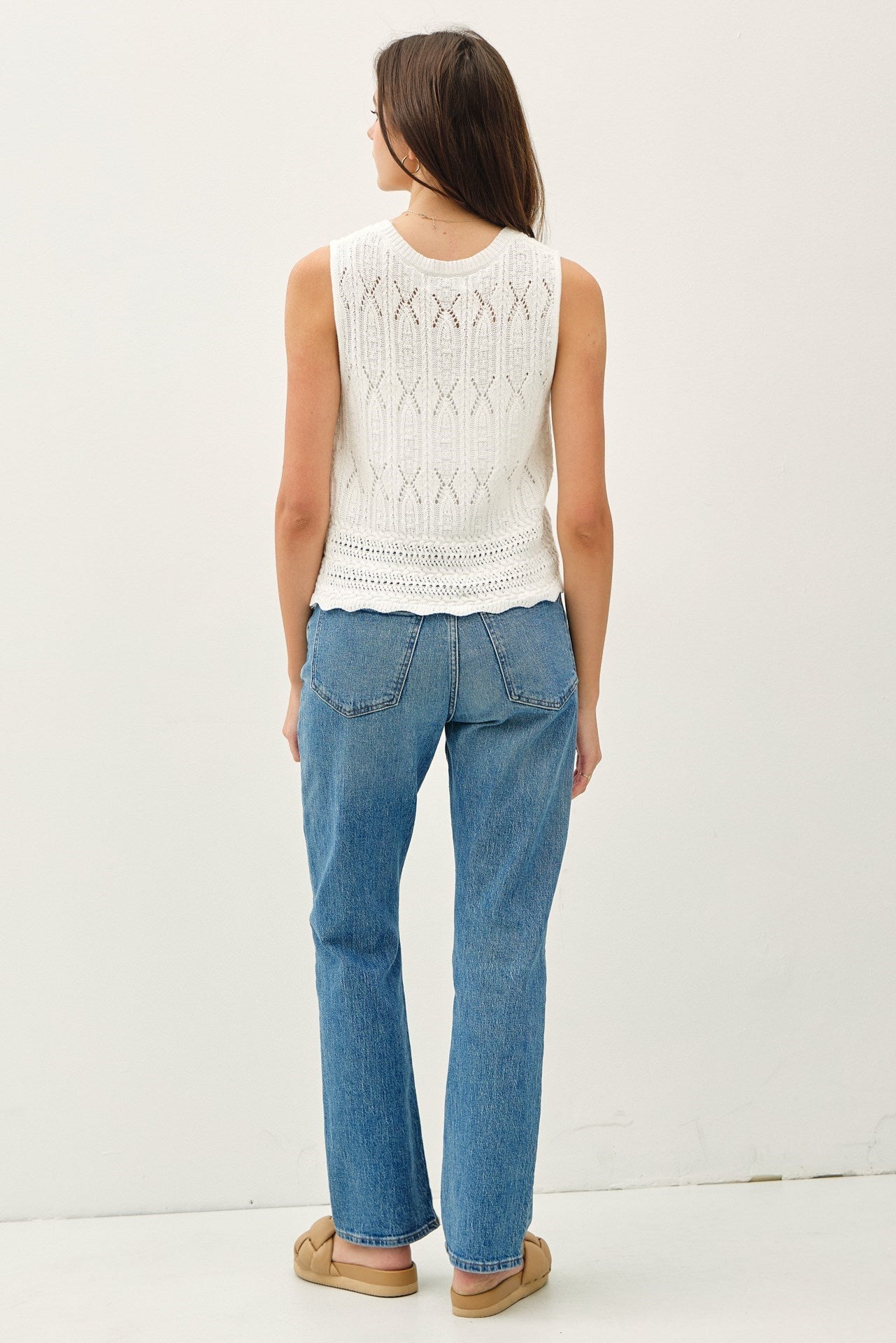 Crochet Knit Detail Button Up Sweater Tank Off White