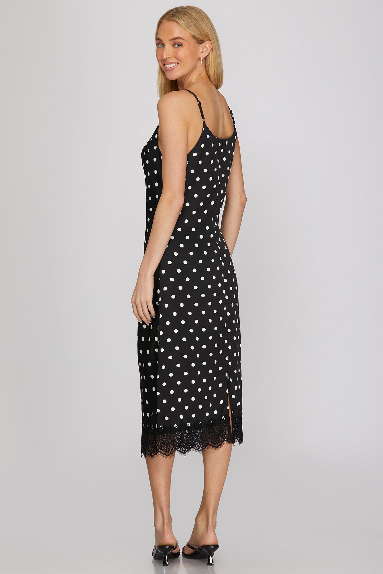 Lace Hem Satin Polka Dot Cowl Midi Dress Black