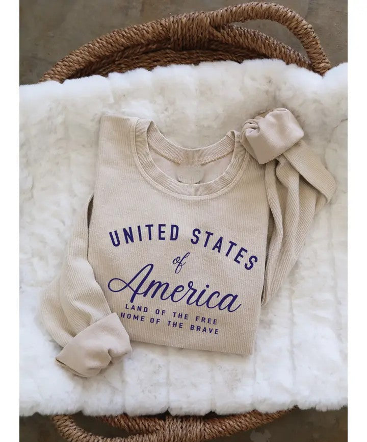 United States of America Cropped Thermal Vintage Pullover Latte