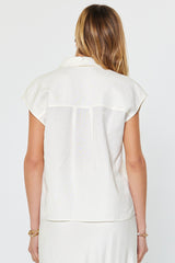 Linen Blend Cap Sleeve Lace Inset Button Up White