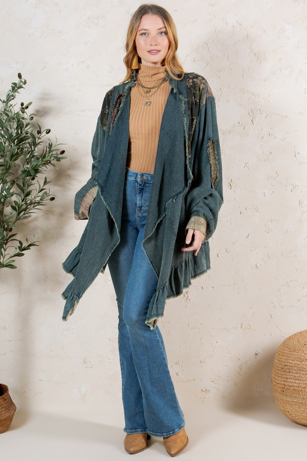 Western Boho Chic Patched Denim Shrug Gravel