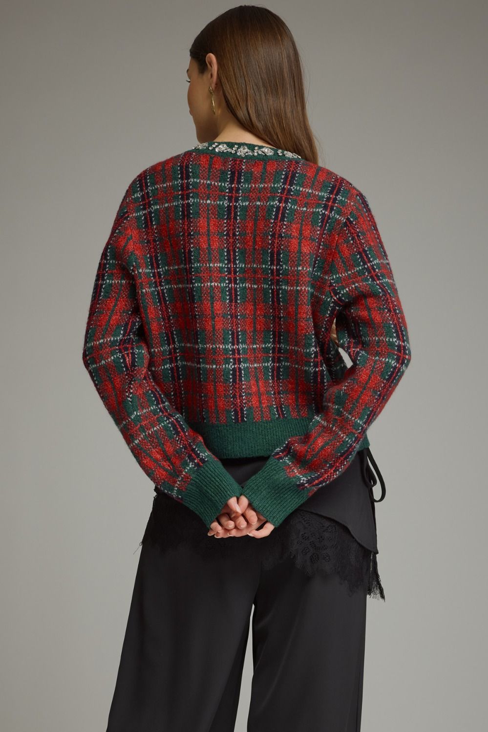 Crystal Collar Plaid Sweater Cardigan