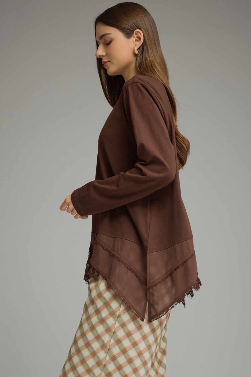 Crossover Lace Hem Contrast Long Sleeve Top