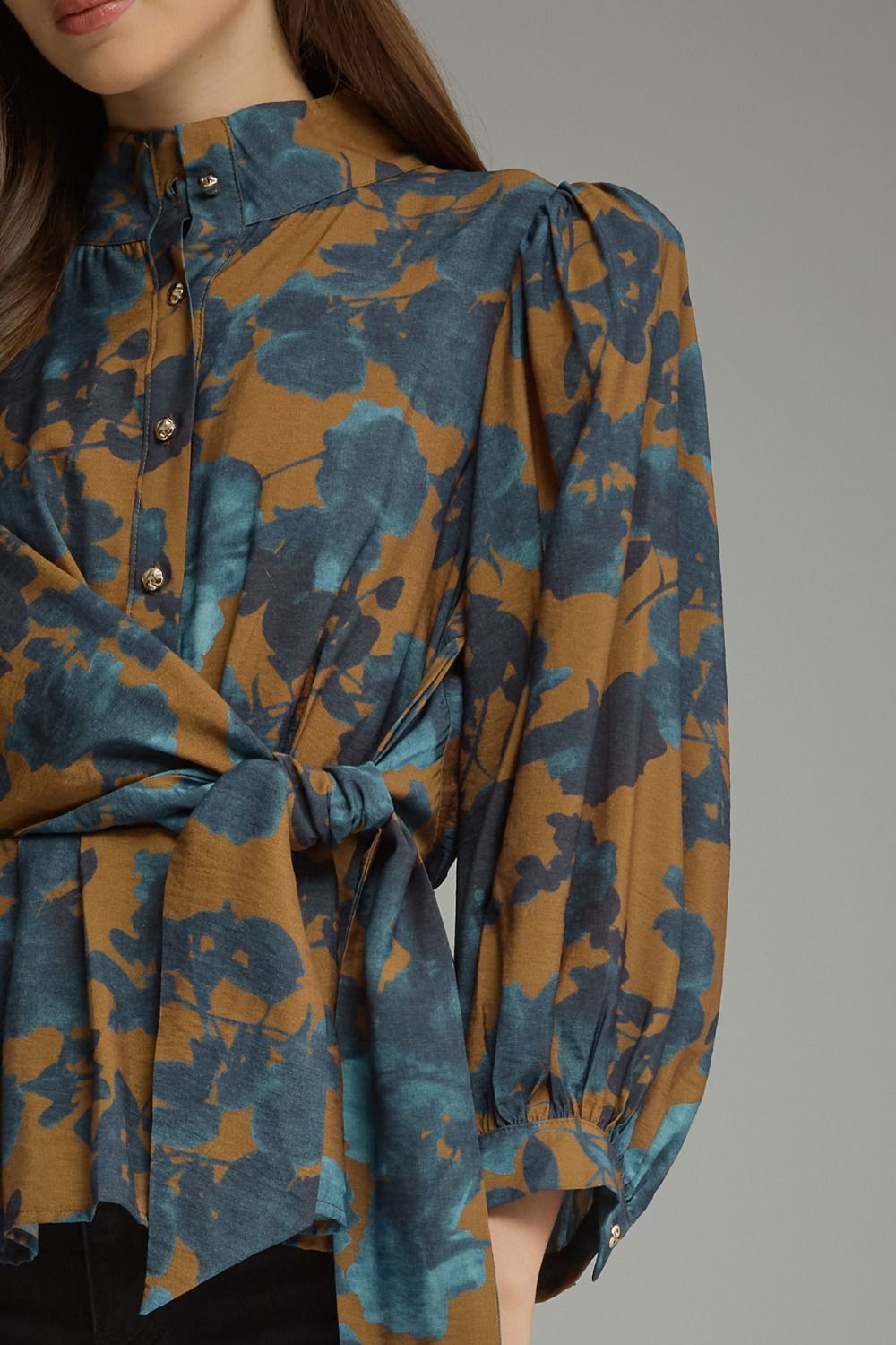 Floral 3/4 Balloon Stand Collar Peplum Blouse
