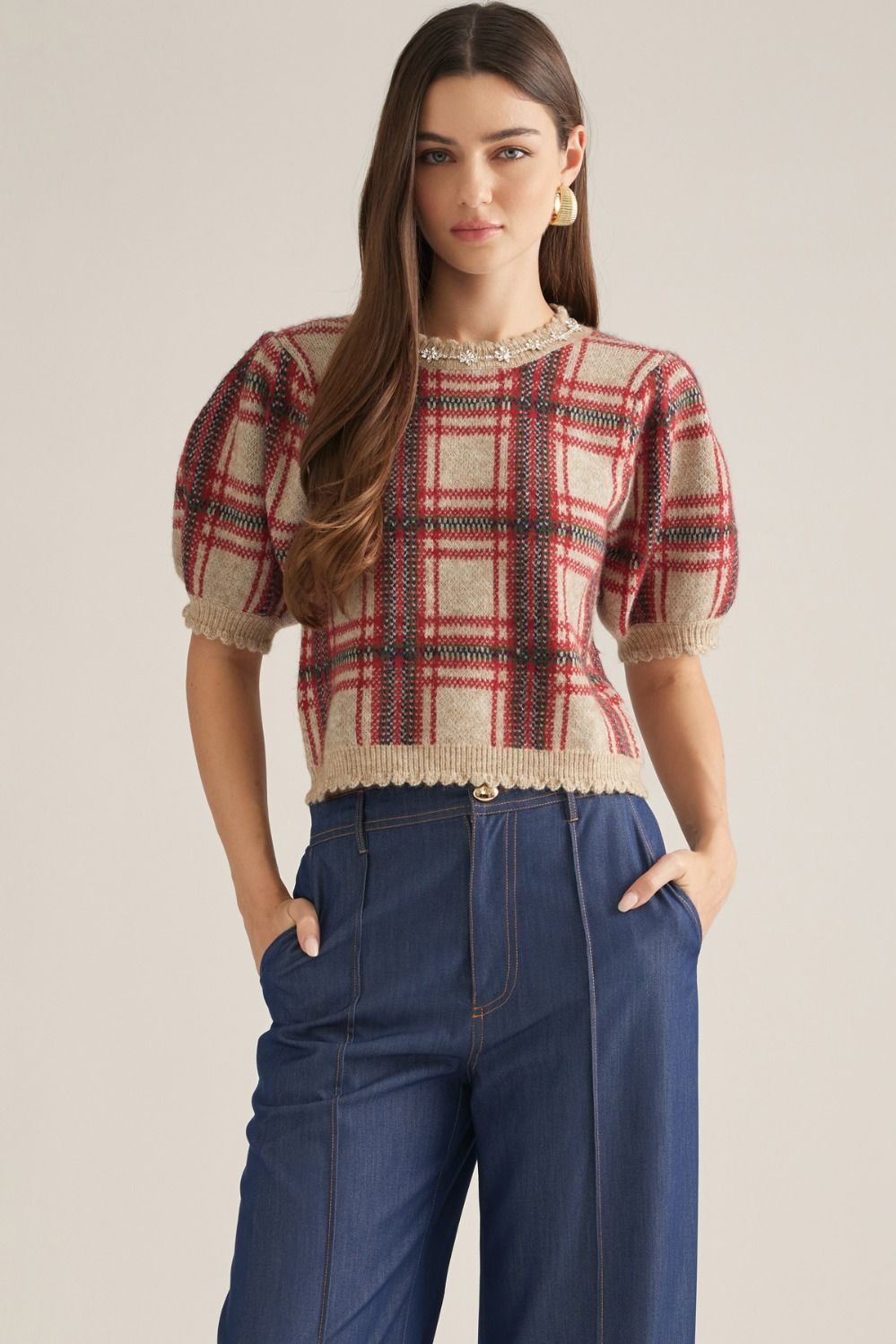 Crystal Neckline Plaid Short Sleeve Sweater