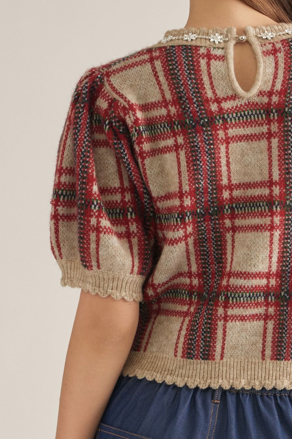 Crystal Neckline Plaid Short Sleeve Sweater