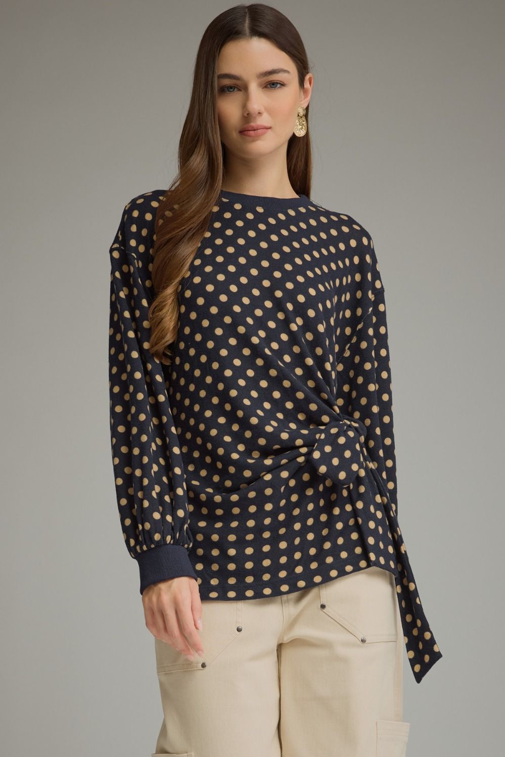 Polka Dot Side Tie Long Sleeve Top
