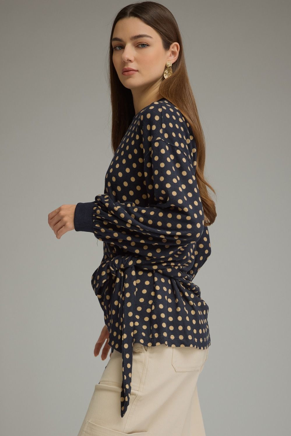 Polka Dot Side Tie Long Sleeve Top