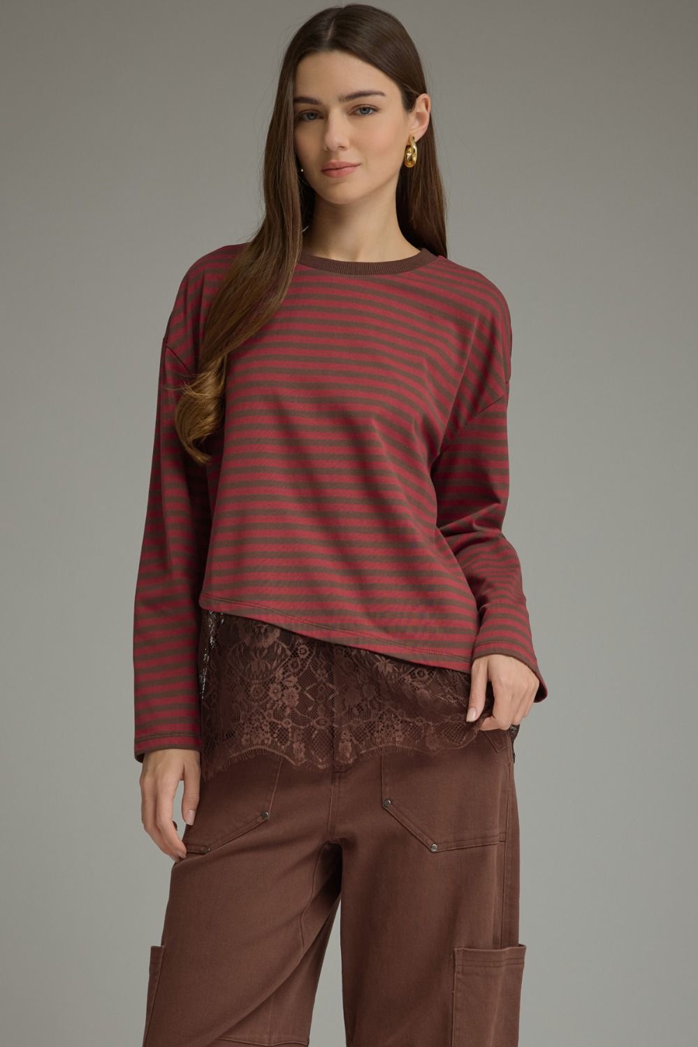 Asymmetric Lace Hem Stripe Long Sleeve Top