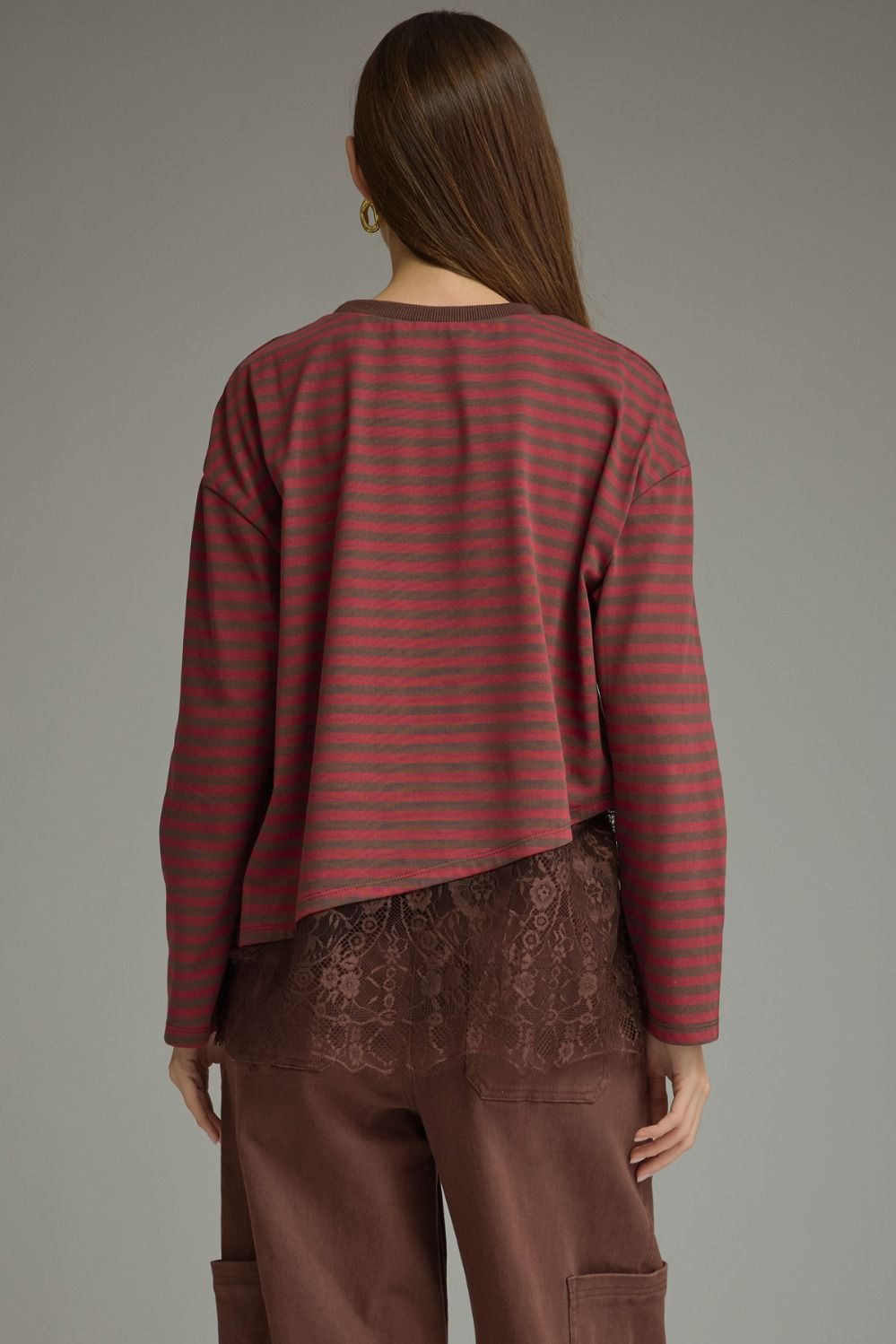 Asymmetric Lace Hem Stripe Long Sleeve Top