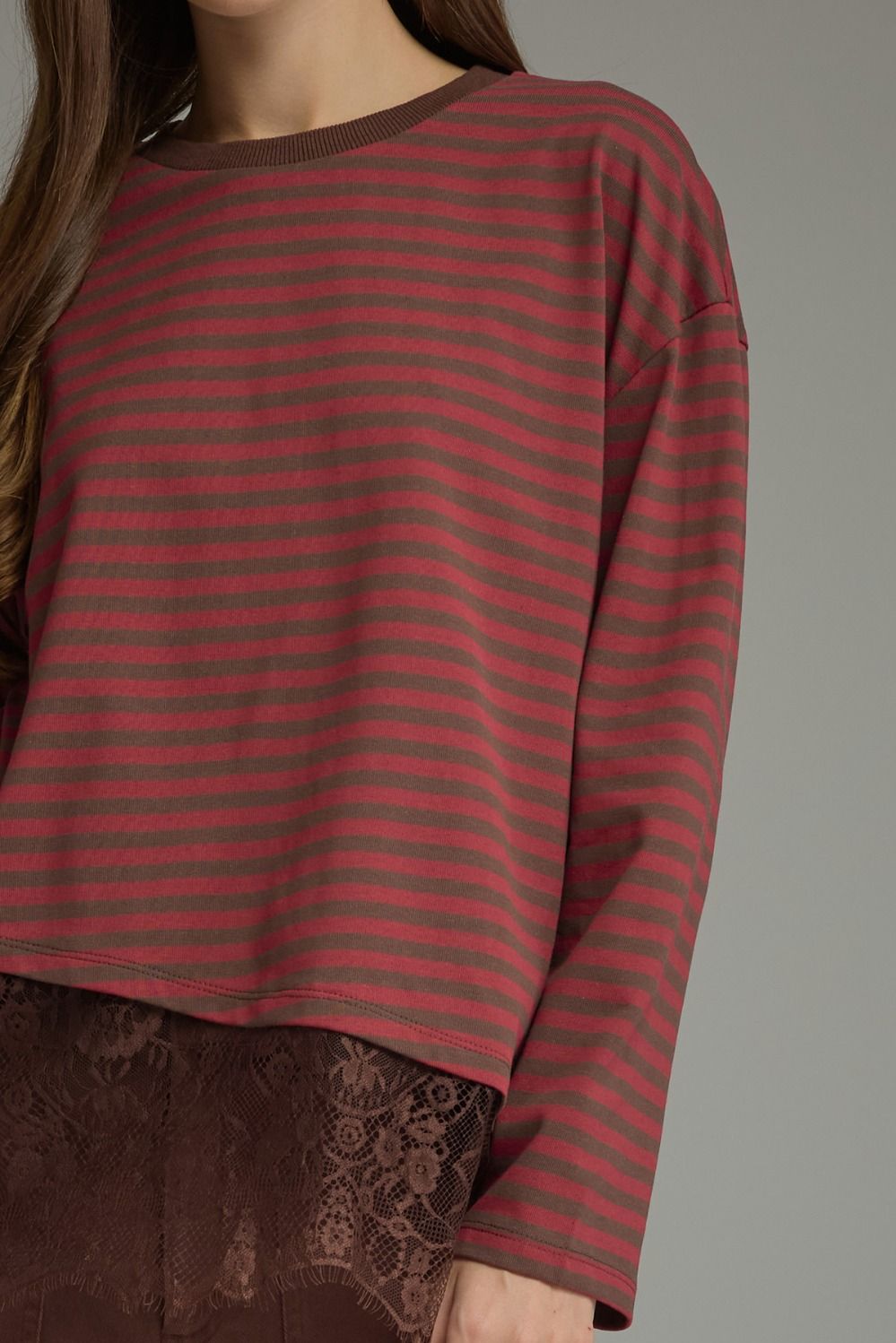 Asymmetric Lace Hem Stripe Long Sleeve Top