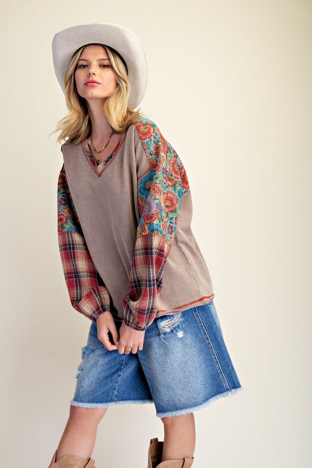 Plaid Floral Patchwork Sleeve Washed Pullover