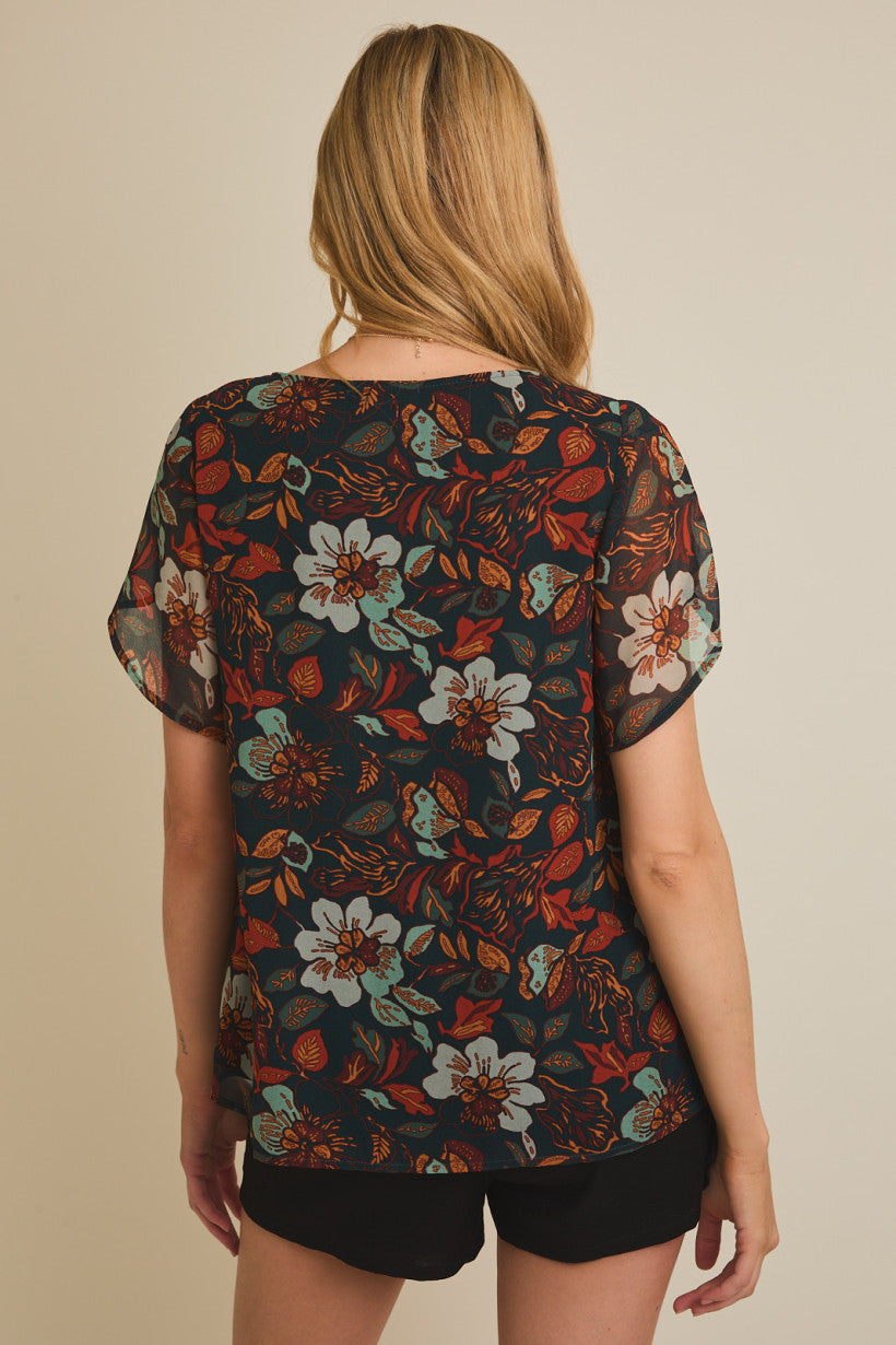 Short Ruffle Sleeve Floral Print Top Dark Green Multi