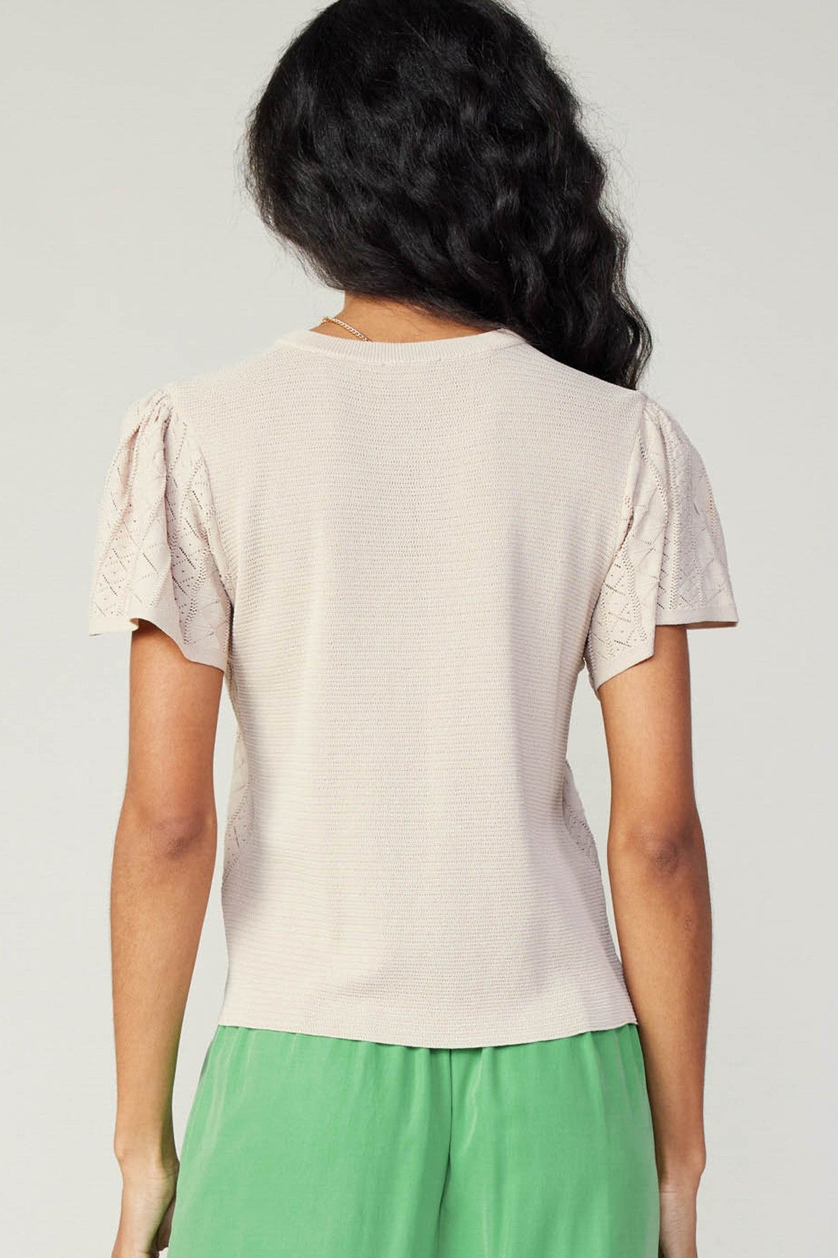 Short Sleeve Pointelle Knit Sweater Top Taupe