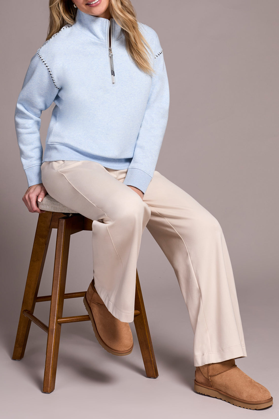 Stitched Shoulder Detail 1/4 Zip Long Sleeve Top Chambray