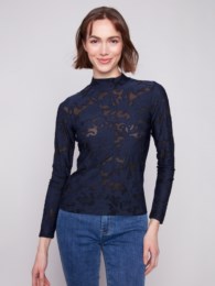 Burnout Mesh Mock Neck Long Sleeve Top Blue Black