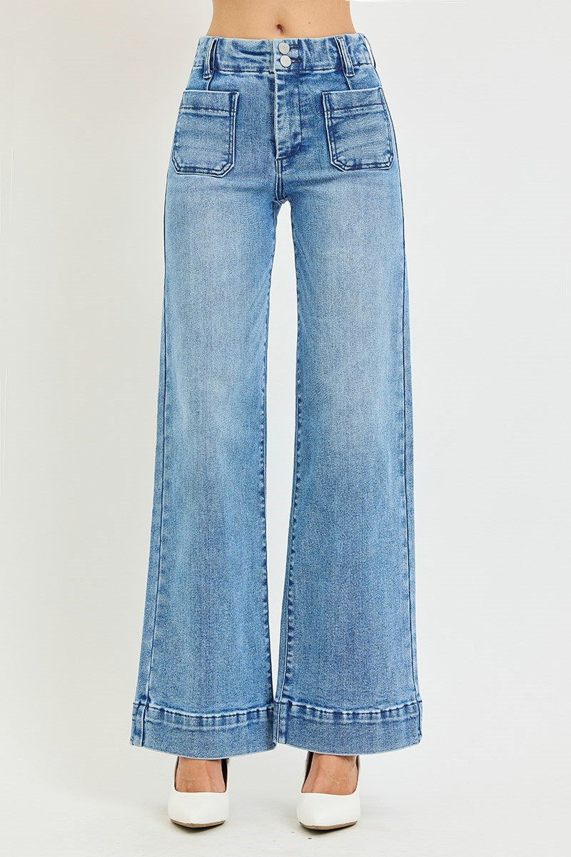 Embroidered Garden Floral Back Pocket Wide Leg Jeans - Medium