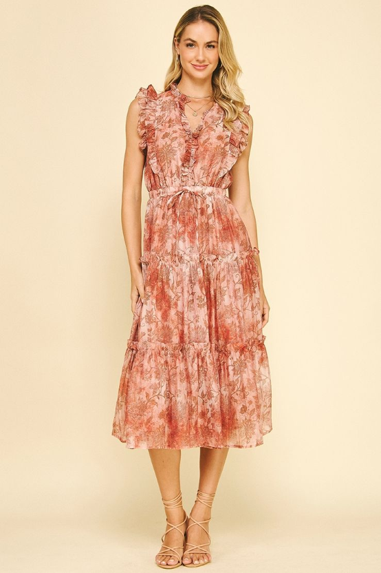 Printed Ruffle Details Tiered Midi Dress Rust