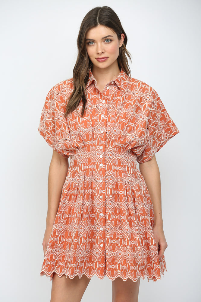 Embroidered Scallop Hem Button Down Mini Dress Clay