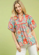 Mix Paisley Print Puff Sleeve Blouse Light Blue Mix