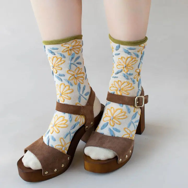 Unique Vintage Floral Socks Olive + Beige