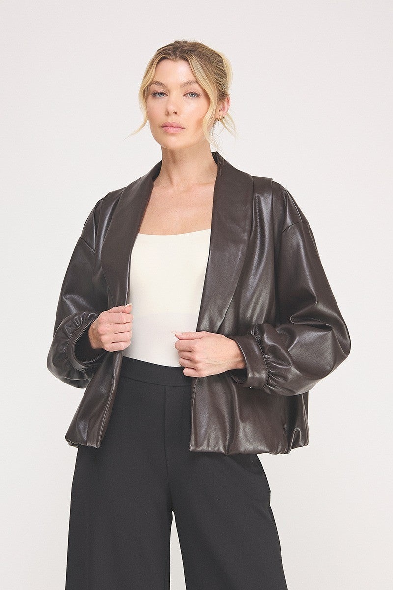 Vegan Leather Bubble Hem Jacket Brown