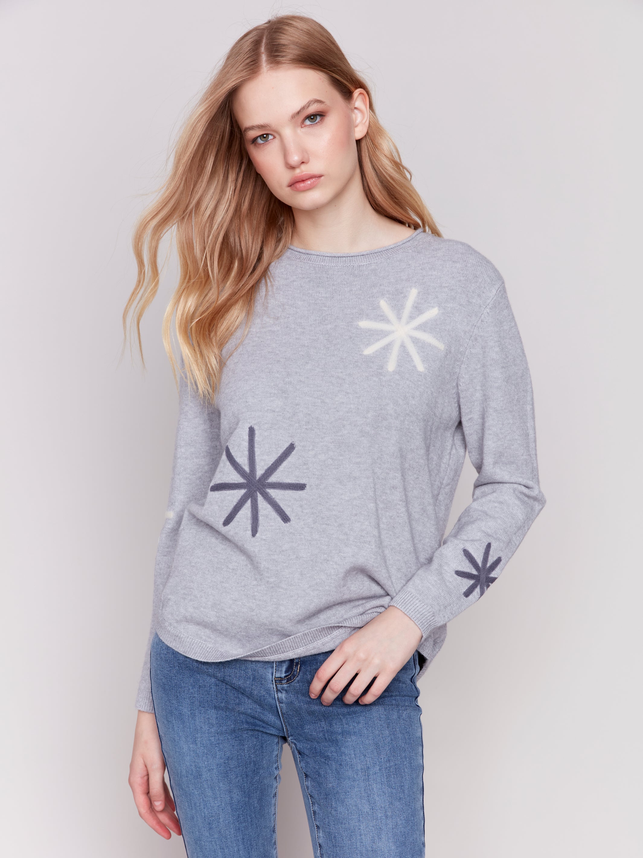 Rounded Hem Stitched Snowflakes Sweater Light Grey