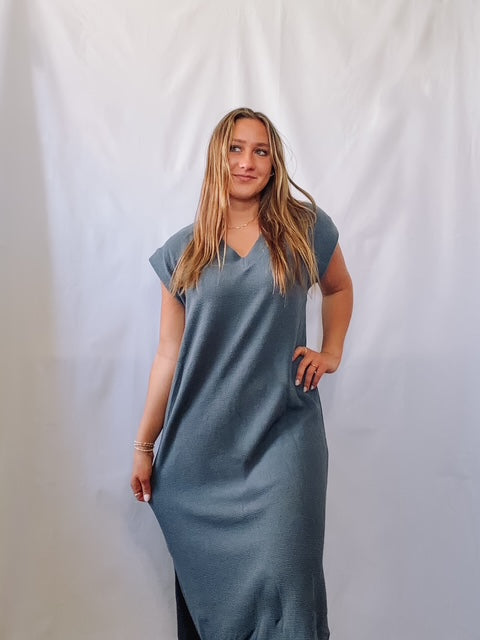 Vneck Short Sleeve Cloudy Knit Midi Dress Denim