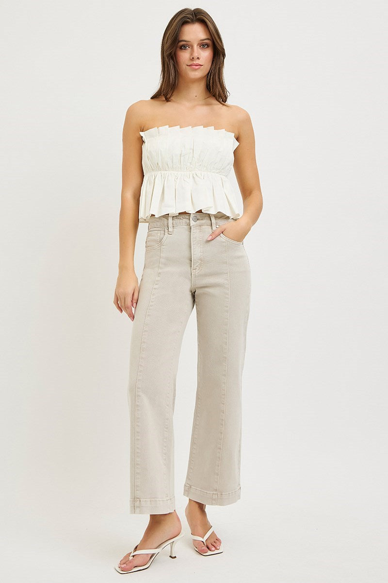 Tummy Control High Rise Crop Detail Wide Jeans Almond