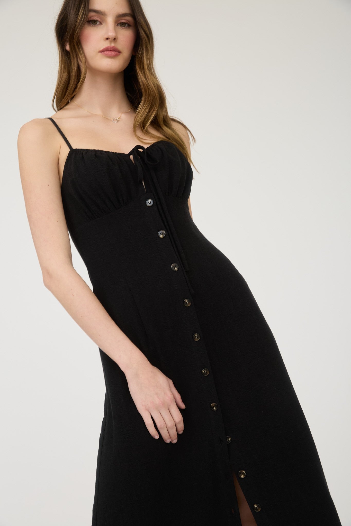 Button Down Front Tie Midi Dress Black