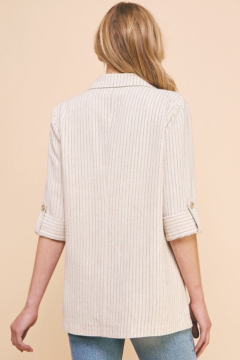 Pinstriped 3/4 Sleeve Linen Oversized Blazer Natural Pinstripe